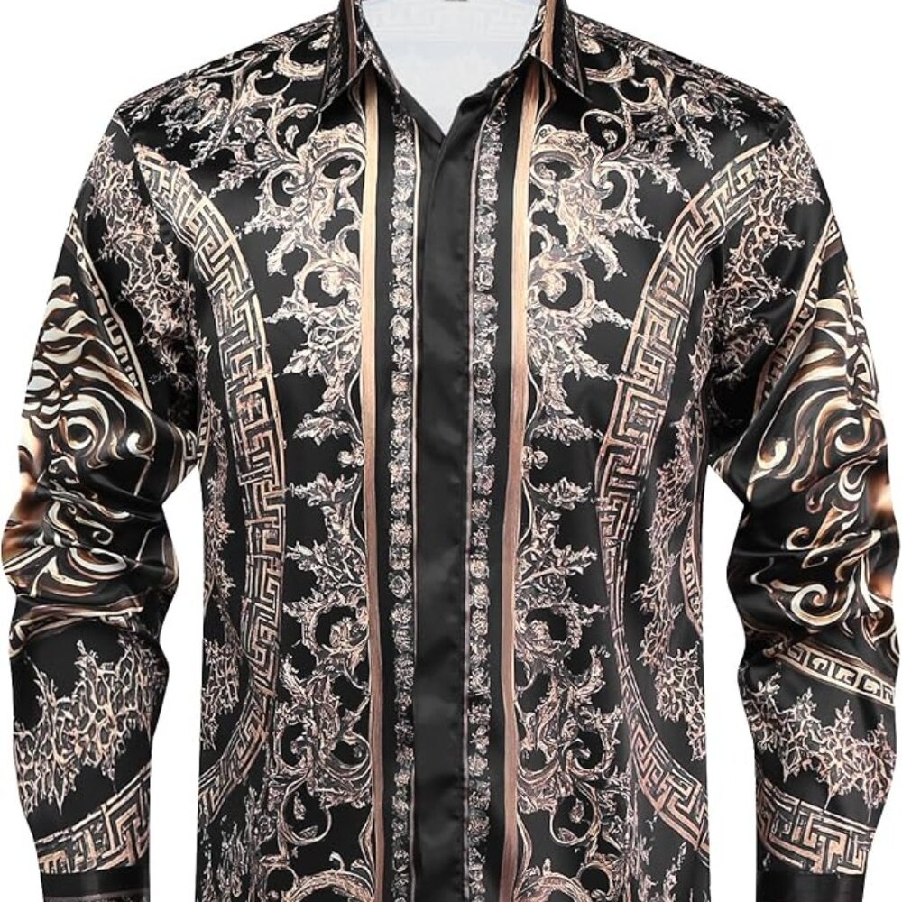 NEW! Men Gold Fashion Luxury Printed Satin Long Sleeve Button-Down Shirts